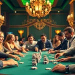 Permainan jutawanbet di kasino dengan pemain yang bersemangat dan dikelilingi oleh chip berwarna-warni.