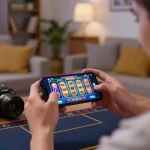 Player enjoys gaming on a mobile app dedicated to 888VND in an engaging home environment