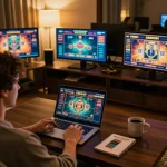 N188 player engaged in online live dealer game, showcasing strategic gameplay in a modern home setting
