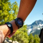 Hiker checks the Explorer Plus GPS Smart Watch against a scenic mountain backdrop, showcasing its advanced features.