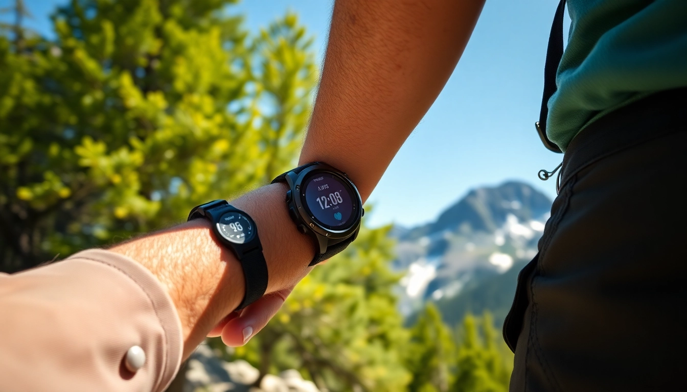 Hiker checks the Explorer Plus GPS Smart Watch against a scenic mountain backdrop, showcasing its advanced features.