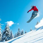 Snowboarder demonstrating skills in Boston, MA ski and snowboard terrain with vibrant snow backdrop.