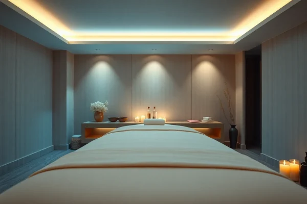 편안한 색상과 아늑한 장식이 특징인 부산마사지 룸의 고요한 내부