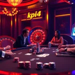 KPI4D players strategizing at a luxury poker table amidst vibrant casino excitement.