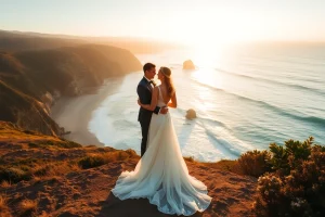 Romantic moment captured by a Big Sur wedding photographer with a couple on the cliffs overlooking the ocean.