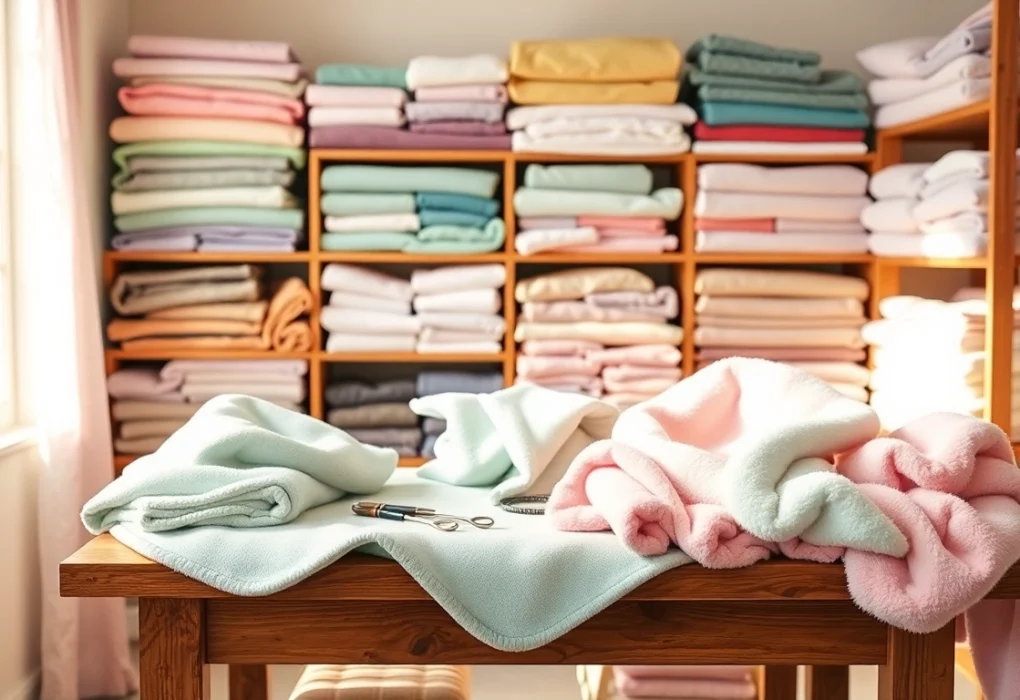 Fleece stof kopen: Diverse fleece stoffen en naaigerei in een gezellige werkruimte.