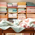 Fleece stof kopen: Diverse fleece stoffen en naaigerei in een gezellige werkruimte.