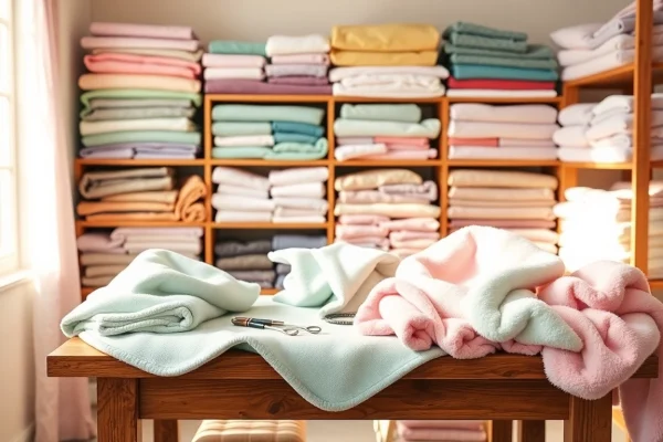 Fleece stof kopen: Diverse fleece stoffen en naaigerei in een gezellige werkruimte.