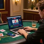 Player engaging with 바카라사이트 in a luxurious online gaming setup, showcasing live dealer interaction and elegant decor.