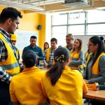 Engaging construction training session highlighted by diverse trainees learning practical skills.