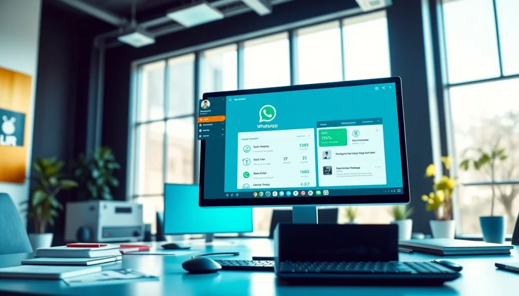 Utilize WhatsApp Smart CRM displayed on a modern workspace setup for efficient business interactions.