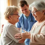 Providing at home senior care, a caregiver interacts compassionately with an elderly client in a bright, welcoming home.