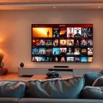 Watch หนังออนไลน์ on a modern streaming setup featuring a cozy living room.