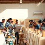 Engaged participants in craft training programs creating art in a collaborative workshop.