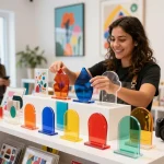 Colorful display of custom acrylic stand in vibrant retail setting with diverse designs.