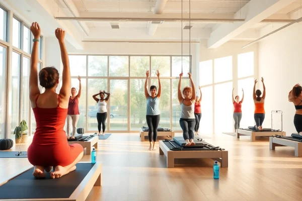 明るいスタジオで多様な人々がピラティスを練習している魅力的なクラス。ピラティス おすすめを強調。