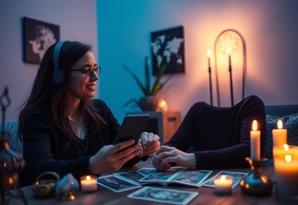 タロットカードとキャンドルを使った落ち着いた環境で、成功した電話占い 当たる相談を提供するサイキックの魅力的なシーン。