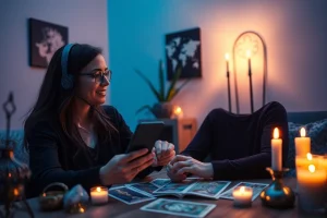 タロットカードとキャンドルを使った落ち着いた環境で、成功した電話占い 当たる相談を提供するサイキックの魅力的なシーン。