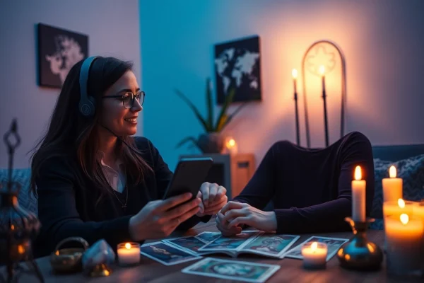 タロットカードとキャンドルを使った落ち着いた環境で、成功した電話占い 当たる相談を提供するサイキックの魅力的なシーン。