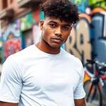 A stylish individual showcasing a blank white t shirt against an urban backdrop.