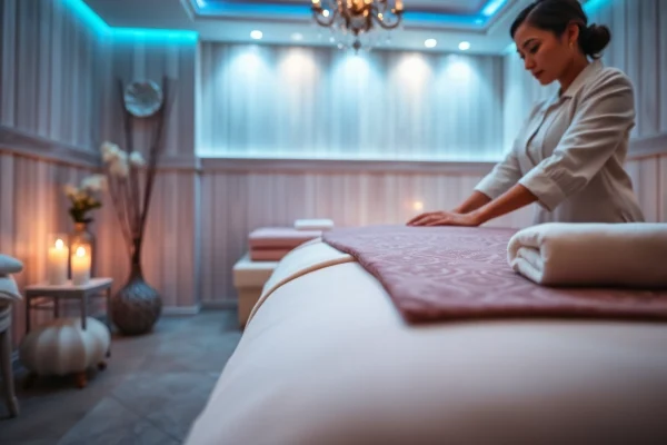 편안함과 우아함을 보여주는 고요한 마사지 환경에서 전문 마사지사와 함께하는 럭셔리한 러시아마사지 경험.