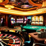 L'image capture l'excitation du meilleur casino en ligne, avec des machines à sous animées et des tables de poker à enjeux élevés.