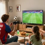 Engaged soccer fan enjoying live Cà khịa tv match with friends and snacks.