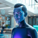 A live avatar engages with digital interfaces in a modern office, showcasing advanced interaction.