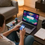 Engaging in an online poker game on vipwin platform in a cozy home setting.