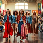 Fashion models striding on a runway showcasing vibrant, multi-layered outfits while captivated audience watches.