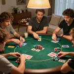 Players enjoying a home poker night at iwin club with chips and cards visible, showcasing strategic gameplay.
