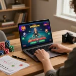 Engaging in online casino strategy with u888 on laptop, cozy home setup.