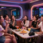 활기찬 환경에서 칵테일과 함께 인천쓰리노 노래방 경험을 즐기는 친구들.