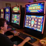 Player enjoying slot server kamboja games on computer screen with colorful slot machines and snacks nearby.