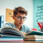 Exam assistance industry features a focused student preparing for exams in a bright study space.