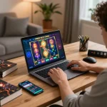 Engaging player enjoying situs gacor experience on laptop with vibrant slot game displayed.