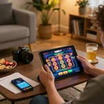 Suasana permainan online yang menarik dengan antarmuka HOKI77, tablet menampilkan slot berwarna-warni, suasana rumah yang nyaman.