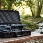 Showcase the pelican rifle case outdoors with a rifle arranged elegantly, highlighting its features.