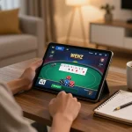 Engage in strategic poker gameplay at home with KKWIN on a tablet, warm atmosphere.