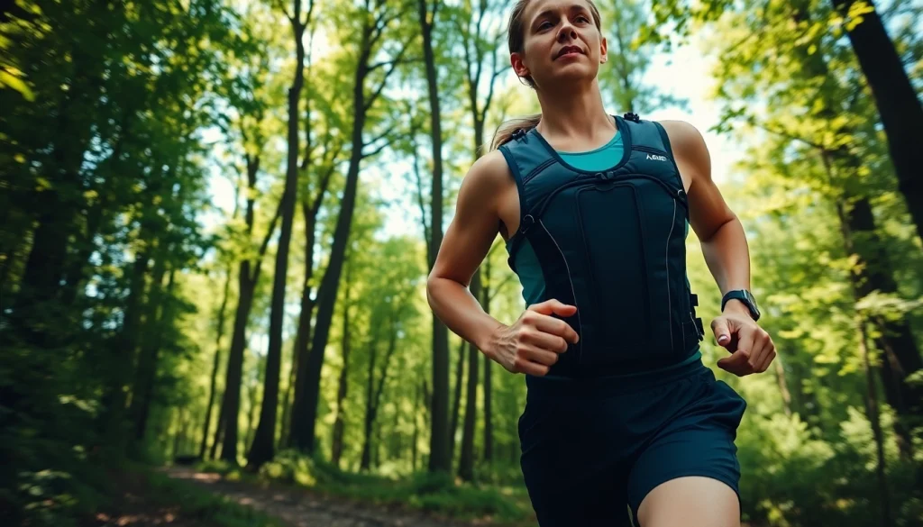 Active runner showcasing a hydration pack vest against a forest backdrop.