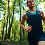 Active runner showcasing a hydration pack vest against a forest backdrop.