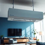 Showcasing a Daikin mini split AC unit in a contemporary living room with bright ambiance and stylish decor.
