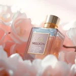 Admire the exquisite lady million perfume elegantly displayed with flowers.