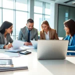 Engaged professionals discussing contracts and grants in a modern office environment.