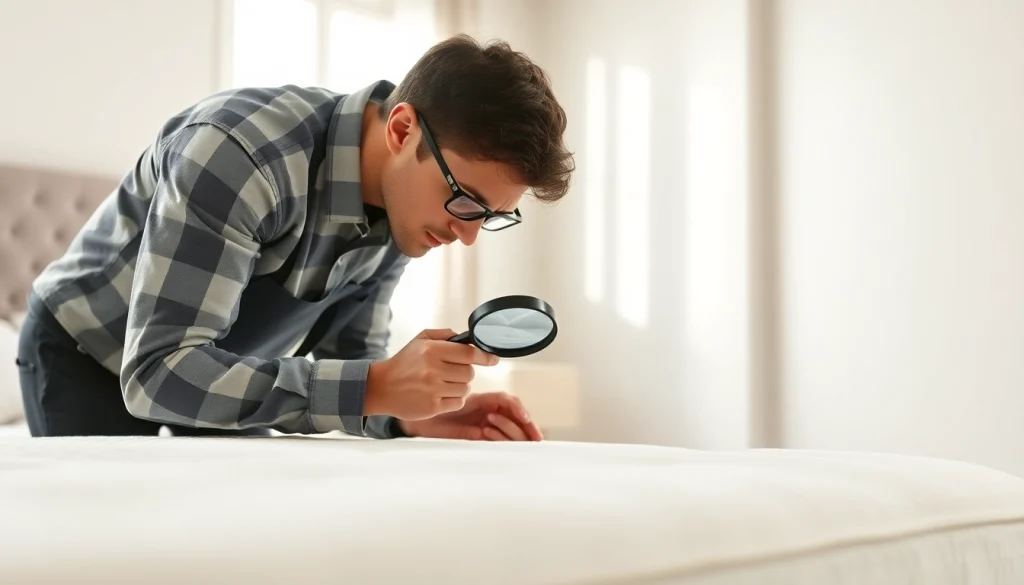 Technician performing bed bug control inspections in a bright, clean bedroom setting.