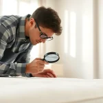 Technician performing bed bug control inspections in a bright, clean bedroom setting.