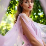 Een model in een elegante chiffon jurk die het soepelheid en de elegantie van chiffon toont.