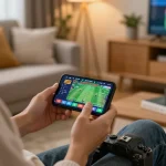 king33 player using smartphone for sports betting at home with live updates visible