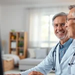 Engage with online medical advice from real doctors through a virtual consultation with a smiling doctor.