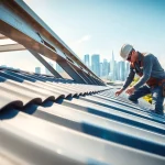 Install metal roofing toronto with a professional worker showcasing durable metal shingles under bright sunlight.